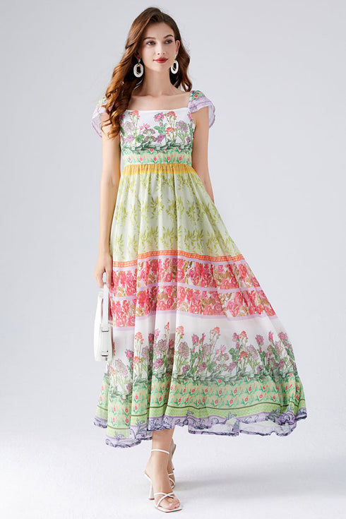 Runway Fashion Bohemain Chiffon Enchanting Floral Print, Slash Neck, High Waist, Big Swing Party, Cocktail, Holiday Maxi Dress